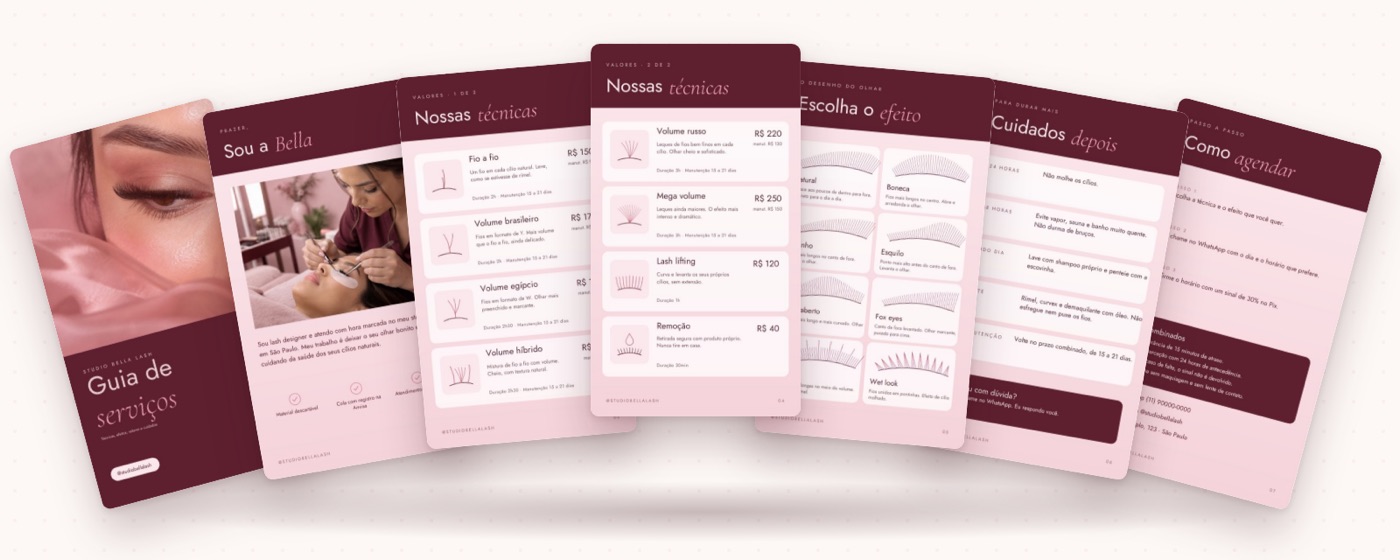 As 7 páginas do catálogo: capa, sobre você, técnicas, efeitos, cuidados e como agendar