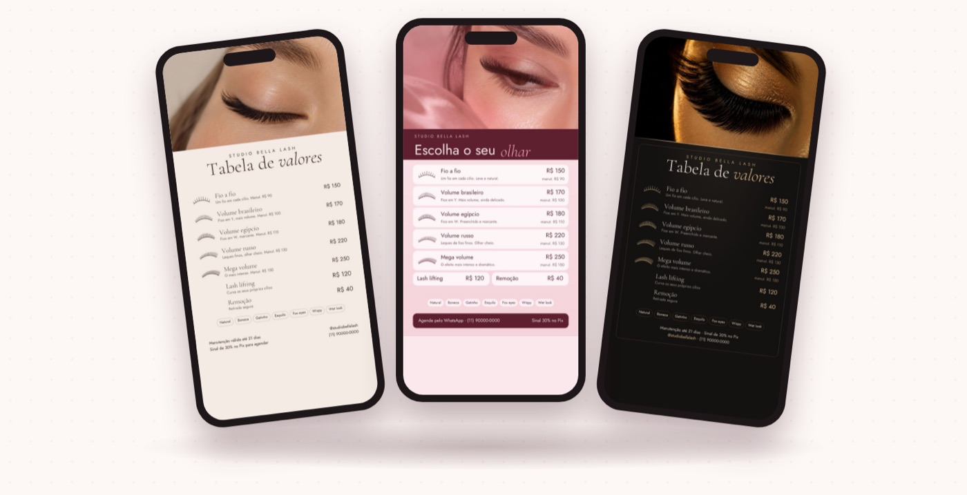 Tabela de valores nos 3 estilos: Nude Editorial, Rosé Moderno e Black Champanhe
