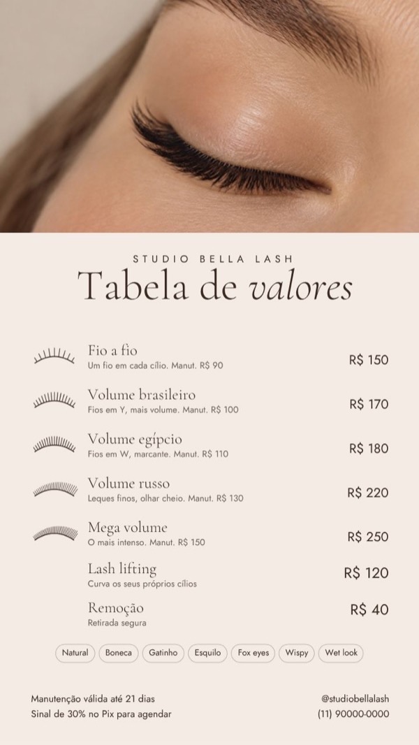 Tabela de valores enviada pelo WhatsApp